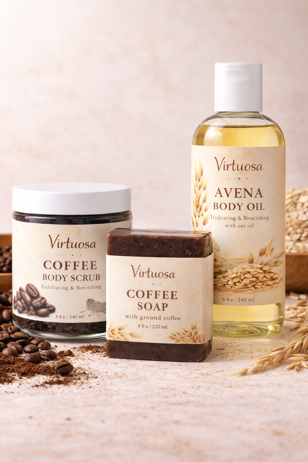 Virtuosa Coffee Body Scrub, Coffee Soap & Avena Body Oil Set